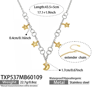 Tableau des tailles détaillé du collier étoile et lune en acier inoxydable avec mesures