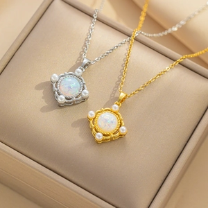 Vintage Square Pendant Necklace Stainless Steel With White Opal And Artificial Pearls Elegant Fashion Jewelry For Women