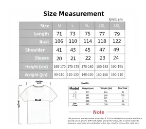 Detailed size chart and fitting guide for men's summer short sleeve t-shirt and shorts set