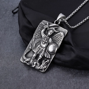 Vintage stainless steel Archangel Michael slaying dragon pendant with box chain