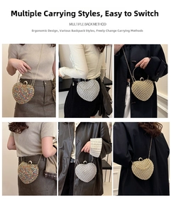 Detailed views of sparkly rhinestone heart evening bags in silver, gold, and colorful options