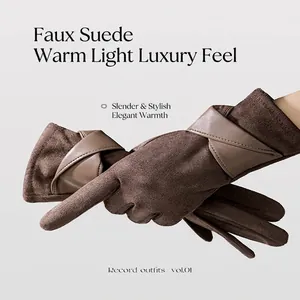 Gants d'hiver en suédine marron pour femme avec élégante sangle de poignet croisée en cuir