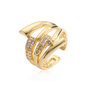 Luxury gold plated geometric multi-layer open ring with sparkling cubic zirconia stones