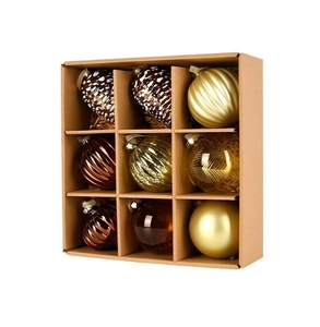 9pcs set of gold and bronze Christmas tree glass ornaments with various textures and shapes