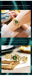 Detail of emerald dial quartz watch with golden saddle-buckle bracelet and Roman numerals