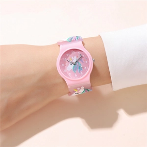 Detailed view of kids quartz watch with 3D unicorn pattern and pink silicone strap