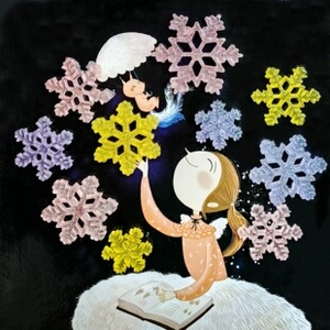 Cartoon girl opening a book among sparkling resin snowflakes in a fairy tale art style