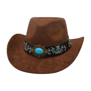 Detail of western cowboy hat featuring blue floral embroidery and turquoise stone
