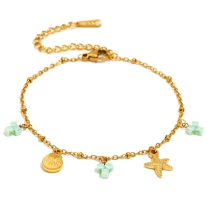 Bracelet océan en acier inoxydable doré avec perles vert menthe et pendentifs coquillages