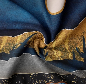 Macro detail of the smooth mountain print fabric with fine texture and silky satin finish