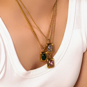18K gold-plated stainless steel twist chains with square zircon pendants in three colors
