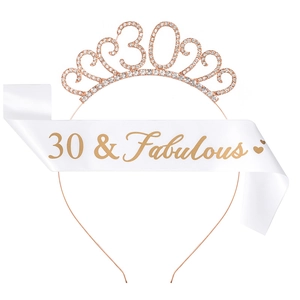 Rose gold 30th birthday tiara and white 30 & Fabulous sash set for women's party