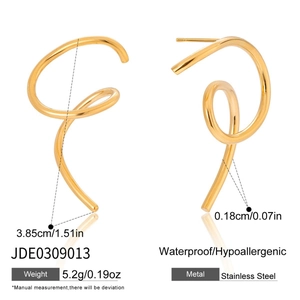 Detail of 18K gold-plated stainless steel spiral earrings with dimensions and weight