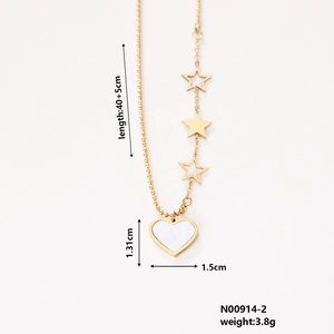 Detail of gold heart pendant necklace with star charms and 40+5cm chain measurements