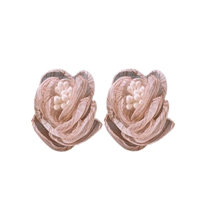 Elegant floral stud earrings featuring pink fabric petals and central white faux pearls