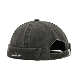 Washed dark grey docker hat with white shark embroidery and adjustable metal strap buckle