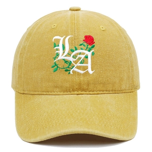 Yellow washed cotton baseball cap with Gothic LA and red rose embroidery design
