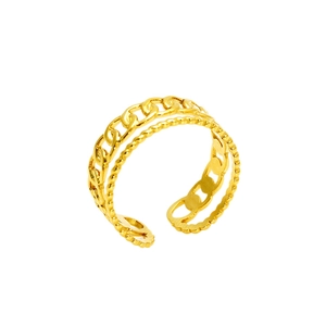 Minimalist double-layered gold open ring featuring curb link and twisted rope designs
