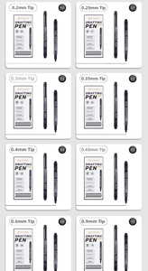 Detail view of drafting pens set showing 8 needle tip sizes from 0.2mm to 0.9mm