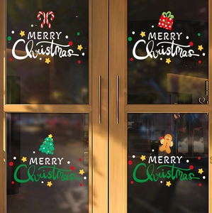 Merry Christmas glass window decals featuring Santa, snowman and festive holiday elements
