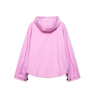 Rear view of pink hooded windbreaker jacket with adjustable black drawstrings on the hem