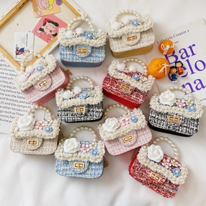 Kids Girls Mini Shoulder Bag Tweed Fabric Artificial Pearl Handle Floral Bunny Decor Crossbody Handbag With Metal Chain