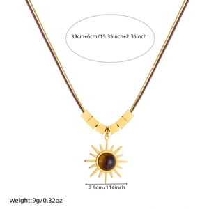 Vintage golden sun pendant necklace with tiger eye stone and 39cm waxed cord chain