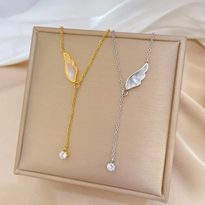 Angel Wing Mother Of Artificial Pearl Y-Necklace Titanium Steel Gold Plated Zircon Drop Minimalist Delicate Jewelry For Women