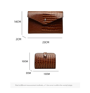 Detailed size specifications for brown crocodile embossed envelope clutch and card holder set