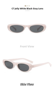Detailed front and side views of oval jelly white sunglasses with dark grey lenses