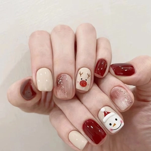 Faux Ongles À Presser Noël Carrés Motif Renne Bonhomme De Neige Rouge Vin Blanc Paillettes Pointes D'Ongles Artificielles
