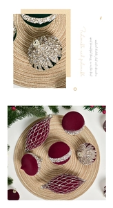 Detail of burgundy flocked and green beaded Christmas ornaments with sequins