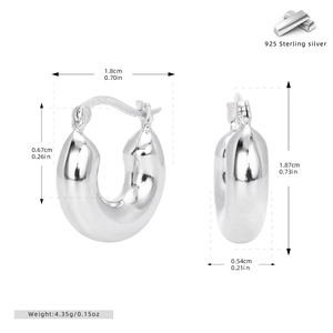 Detailed dimension view of thick 925 sterling silver hoop earrings with polished finish