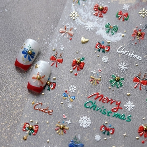 Christmas 5D relief nail stickers with snowflakes and reindeer on white pearly nails