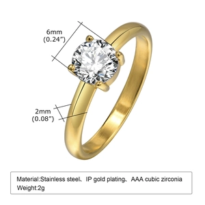 Detail specifications of 18k gold plated ring with 6mm AAA cubic zirconia and 2mm band