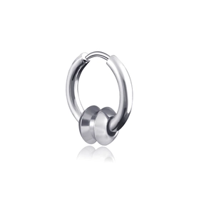 Detailed view of silver hoop earrings with two sliding beads and polished finish