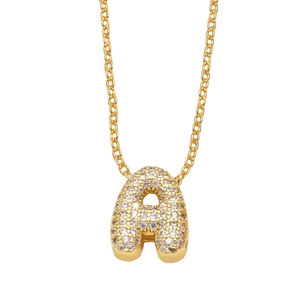 Gold bubble letter A necklace with micro-paved zircons and a polished O-link chain