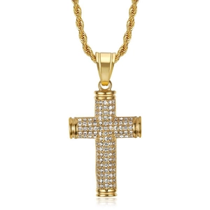 Hip hop gold plated stainless steel cross pendant necklace with sparkling cubic zirconia
