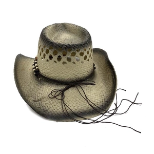 Beige hollow straw cowboy hat with vintage distressed edges and beaded rope trim