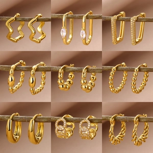 18K Gold Plated Copper Geometric Hoop Earrings For Women Fashion Rhinestone Inlaid Wave Rectangle Chain Huggie Earrings Jewelry