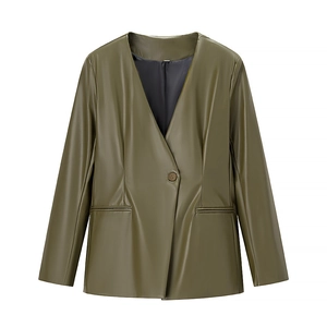 British style army green faux leather V-neck jacket with slim waist and pocket detail