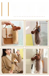 Detail view of plush horse head pendants in various colors used as bag and key accessories