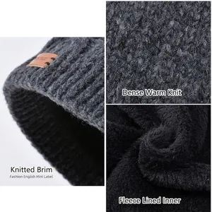 Winter thermal knit beanie and scarf set with thick fleece lining and leather tag
