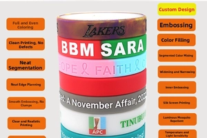 Detail of custom silicone wristbands featuring debossed Lakers logo and colorful infills