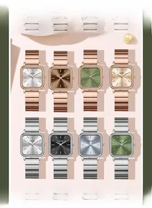 Elegant square dial ladies quartz watches shown in eight different metal color combinations