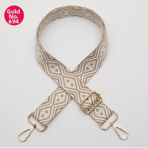 Detail of geometric rhombus weave strap with adjustable gold-tone metal swivel hooks