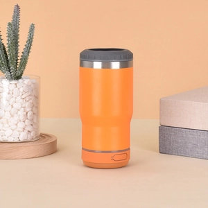 Detail view of the orange stainless steel cooler cup with built-in speaker and base mesh