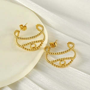 Boucles D'oreilles Créoles En Forme De C Creuses Acier Inoxydable Plaqué Or 18K Texture Perlée Style Boho Femmes