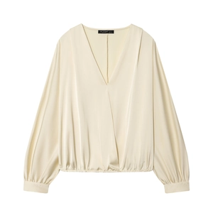 Chemisier Femme Texture Satin Manches Longues Col V Devant Croisé Élégant Couleur Unie Bureau Ourlet Élastique
