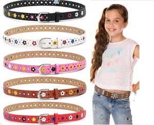 Kids PU leather belts with star flower cutouts and alloy buckles in five vibrant colors